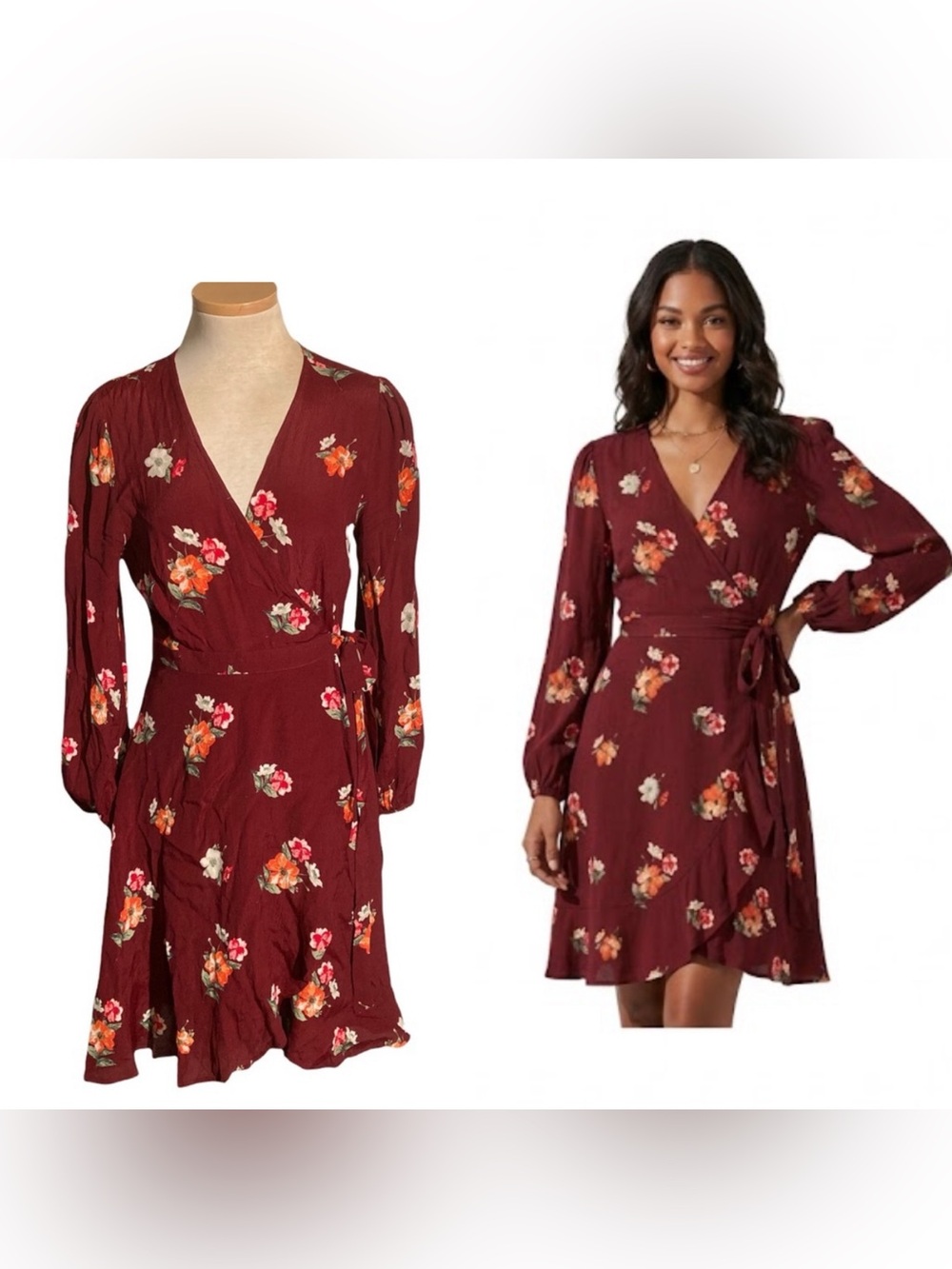 ASTR The Label Floral Burgundy Wrap Dress Long Sleeves Size S